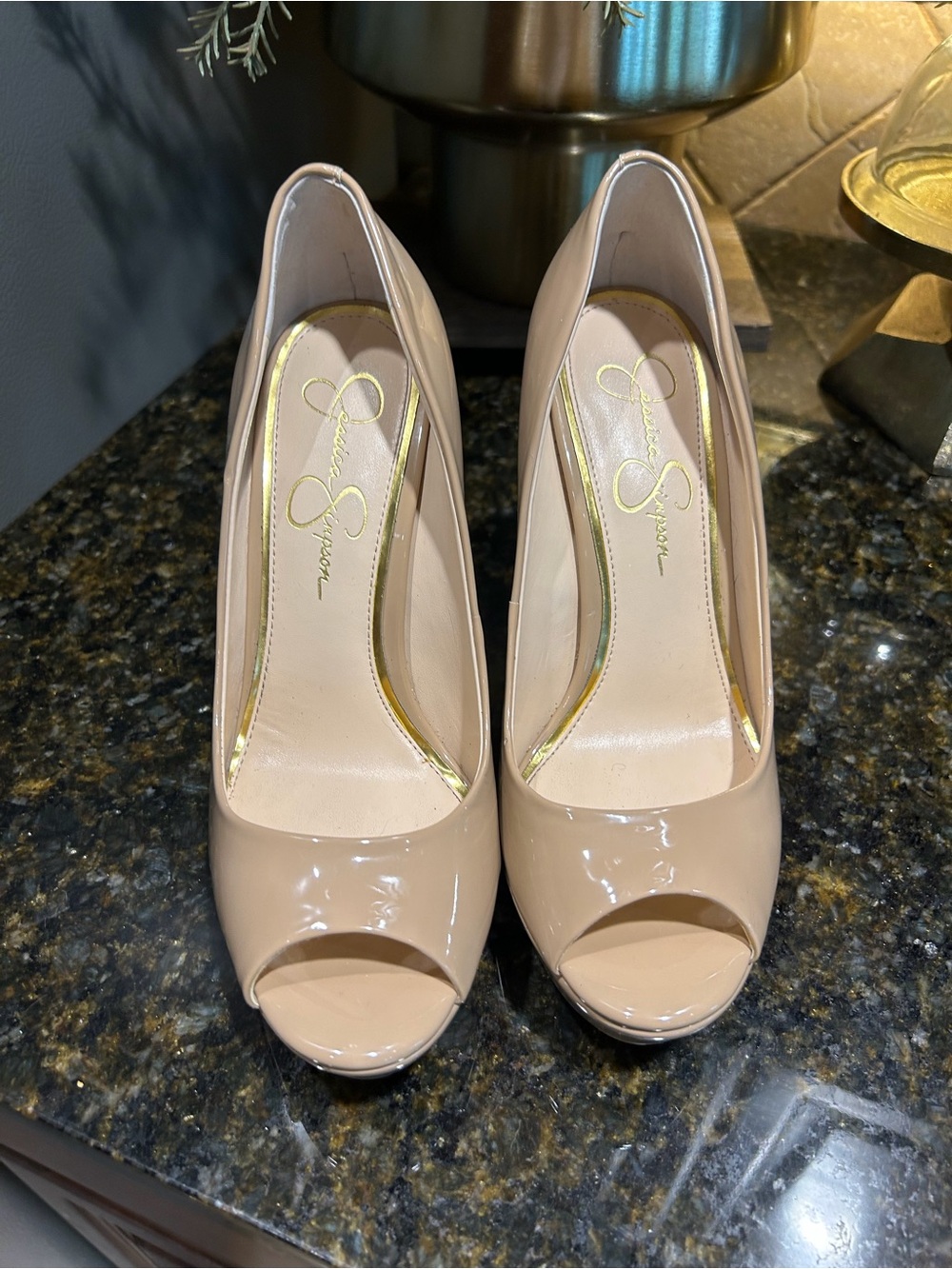 Jessica Simpson Patent Leather Tan Peep-Toe Platform Heels